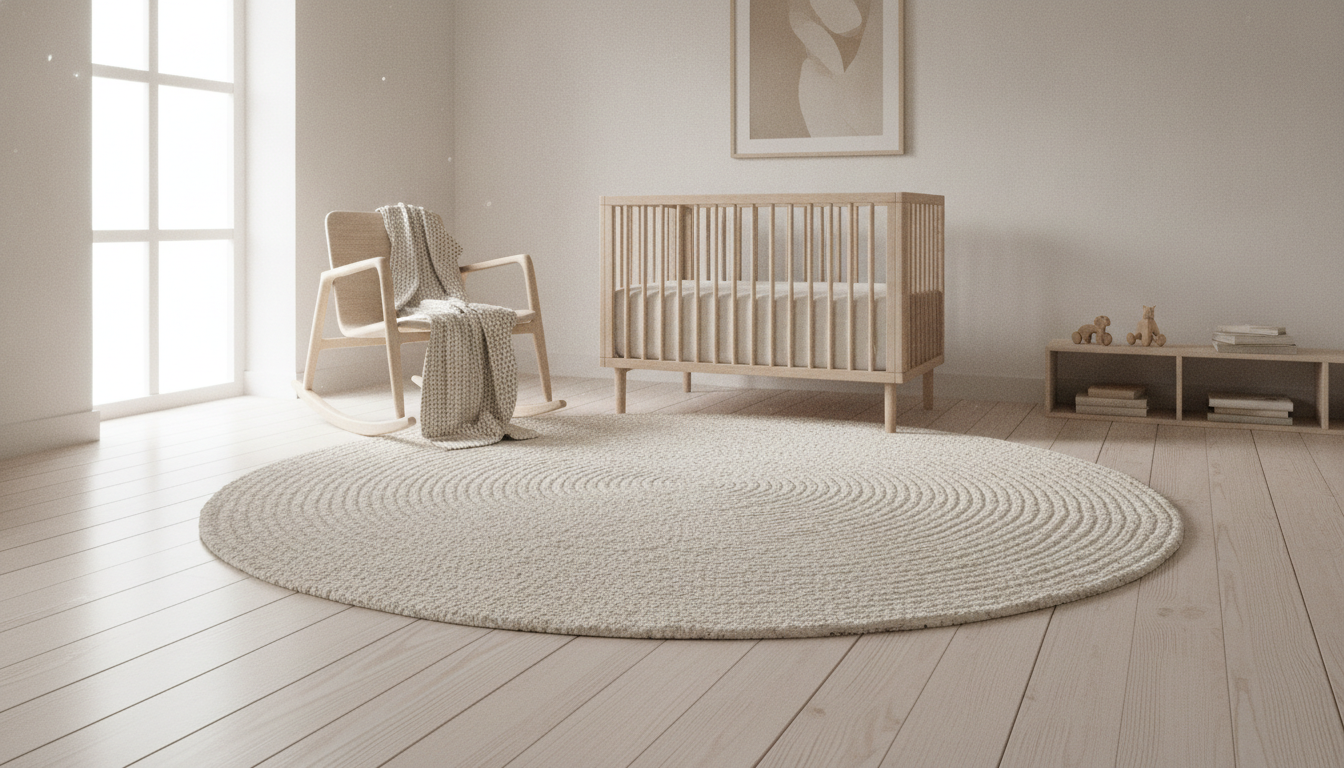 Creamy ivory circular foraged fiber rug in a Scandinavian-style nursery with birch wood furniture.