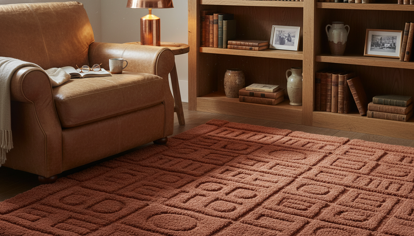 Terracotta relief-textured rug in a reading nook with a tan leather chair and oak bookshelves.
