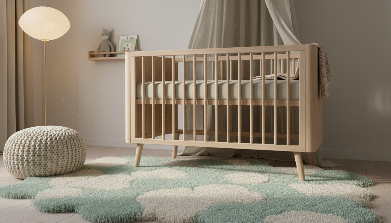 Mint-colored antimicrobial bio-fiber rug in a birchwood nursery for safe, tactile infant development.