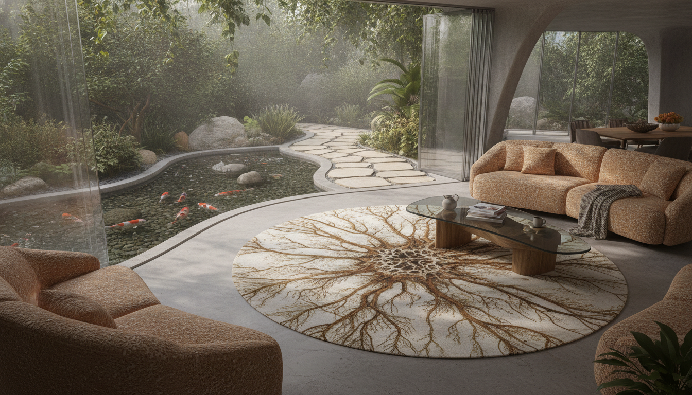 Mycelium bio-fiber rug in a biophilic atrium representing the peak of 2026 somatic healing interior design.