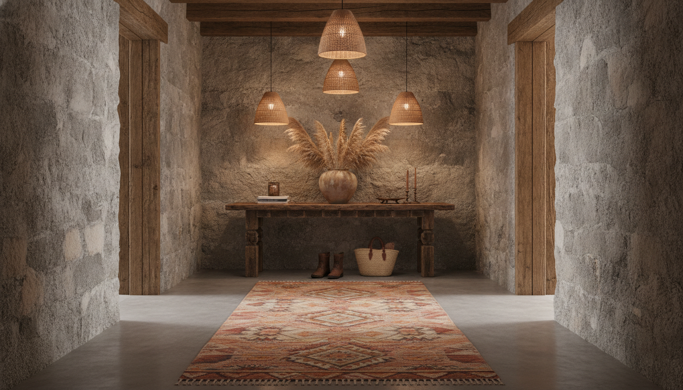 Terracotta and ochre bio-aromatic bohemian rug runner in a stone-walled entryway.