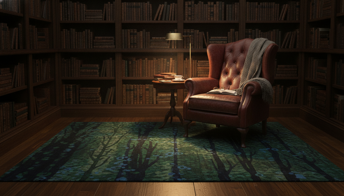 Jewel-toned emerald and sapphire Himalayan silk rug in a dark walnut home library.