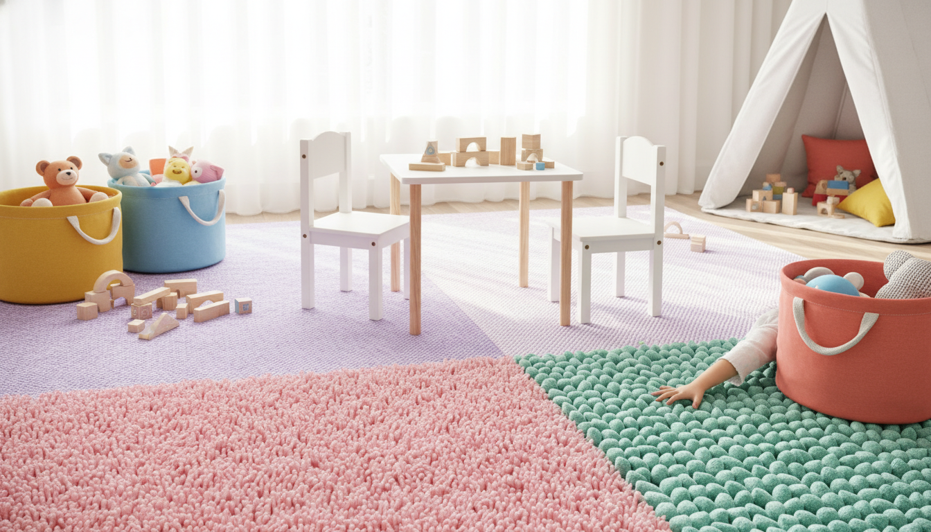 Multi-textured pastel bohemian rug in a modern playroom with white wooden furniture.