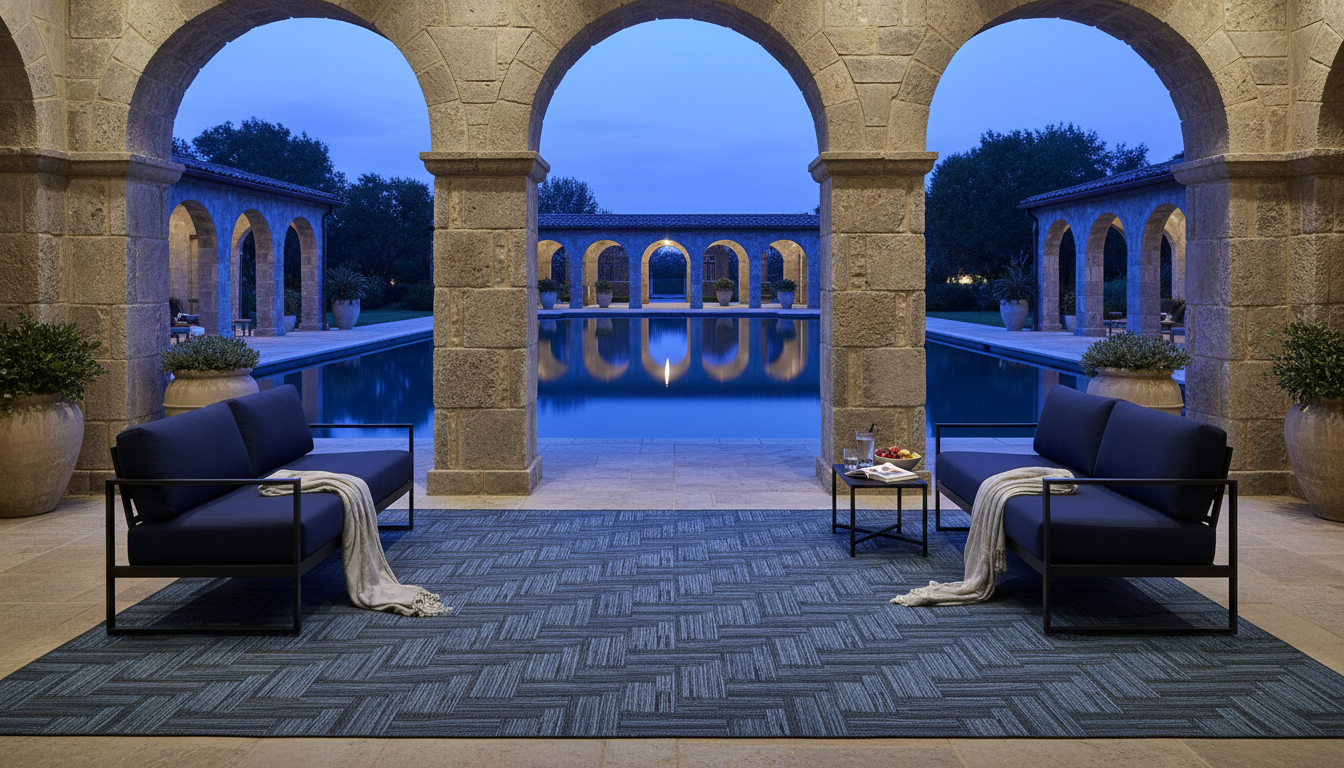 Slate blue thermal-regulating rug on a stone loggia designed for deep physiological cooling.