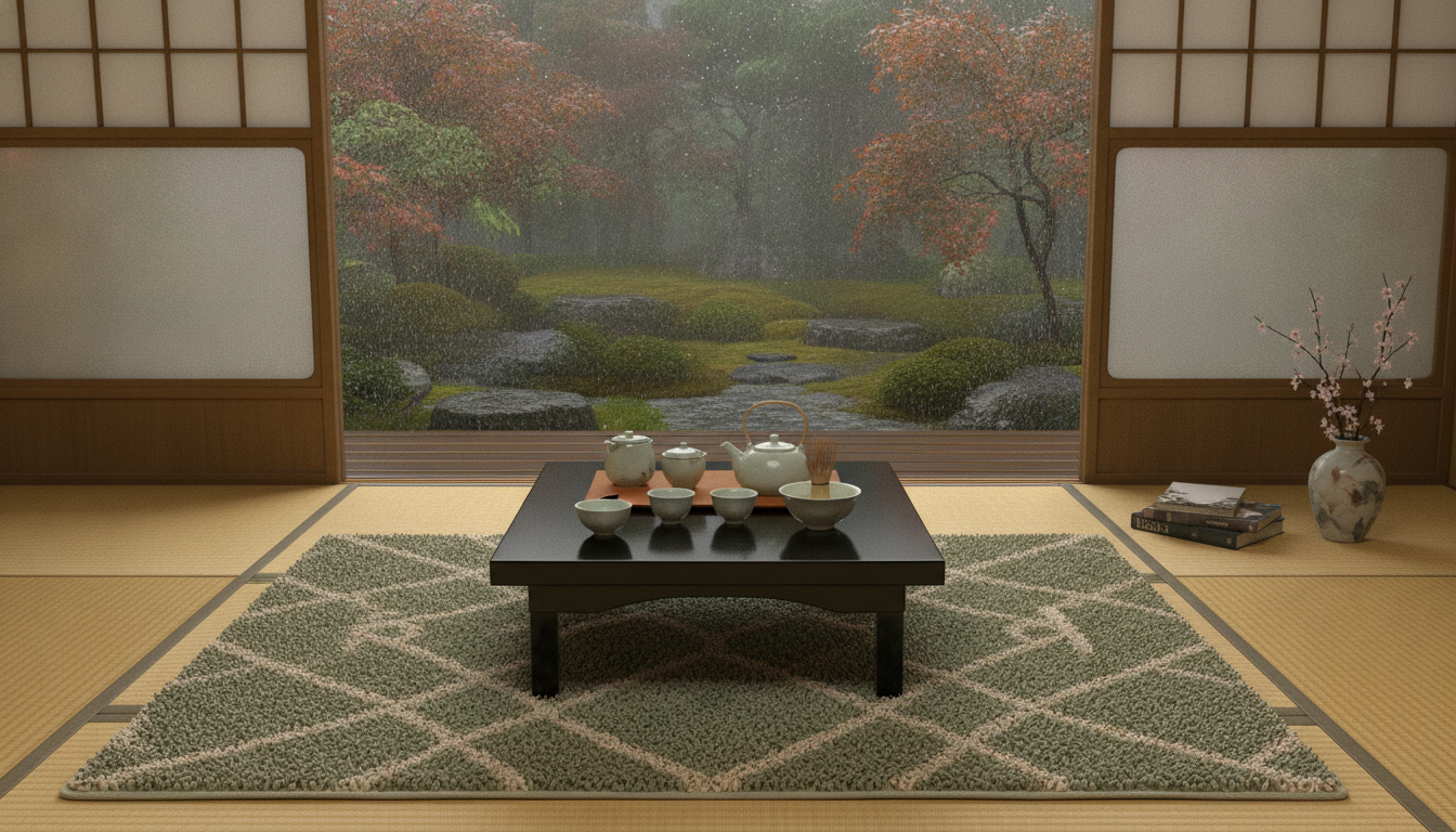 Sage-green bio-aromatic bohemian rug in a traditional Japanese tea room overlooking a garden.