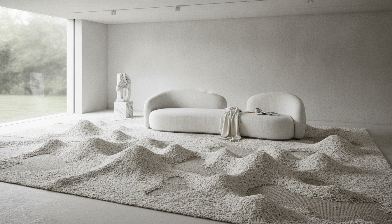 Sculptural high-relief white nettle rug in a minimalist gallery-inspired living room.